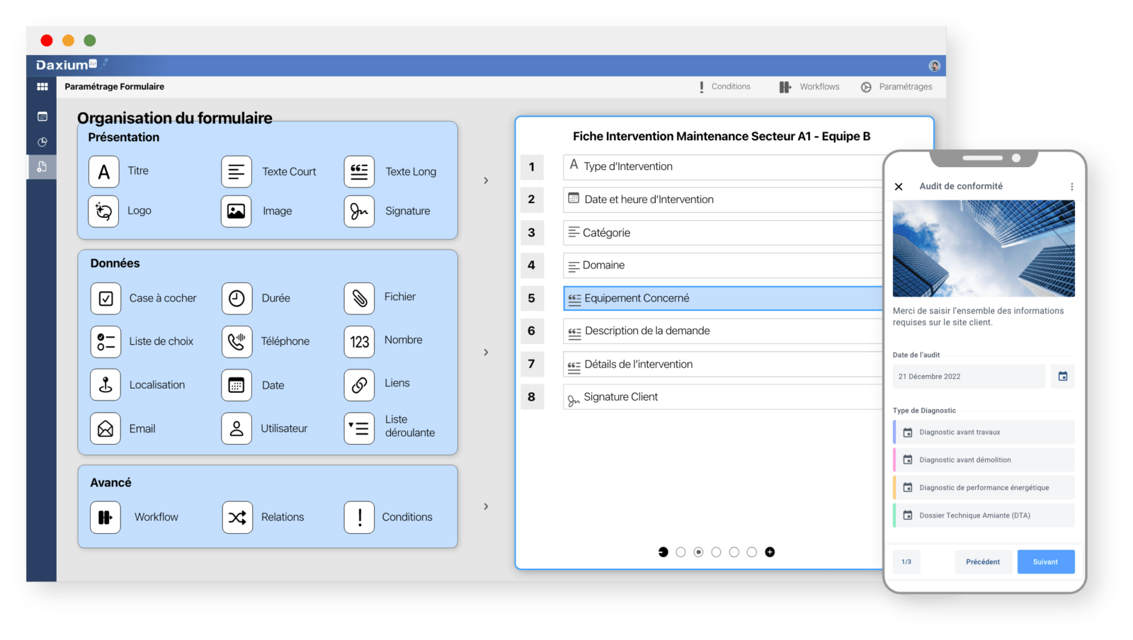 Daxium-audits-et-controles-digitalisez-vos-audits-inspections-et-controles Créez simplement vos formulaires web et mobiles pour vos activités d'audit et de contrôle